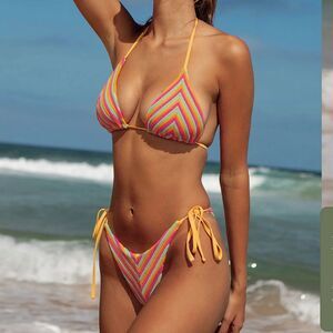 BERLOOK Plush Texture Stripe Halter Bikini Top & Plush Texture Stripe Tie Bottom